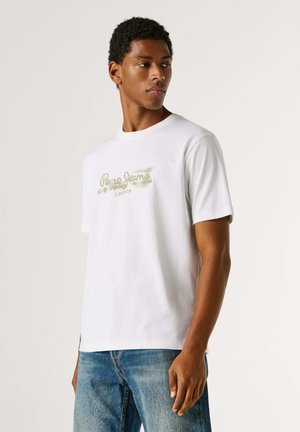 White cotton t-shirt with short sleeves, featuring a green logo print "Pepe Jeans London" across the chest, straight cut at the hem.