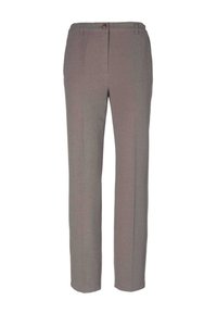 Grijze, op maat gemaakte broek met een rechte snit, gemaakt van textiel met een structuur. Voorzien van een knoopsluiting aan de voorkant en twee voorkruiden.