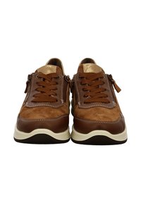 Brown suede and leather sneakers with a smooth finish, featuring laces and side zippers, accentuated by light-colored rubber soles.