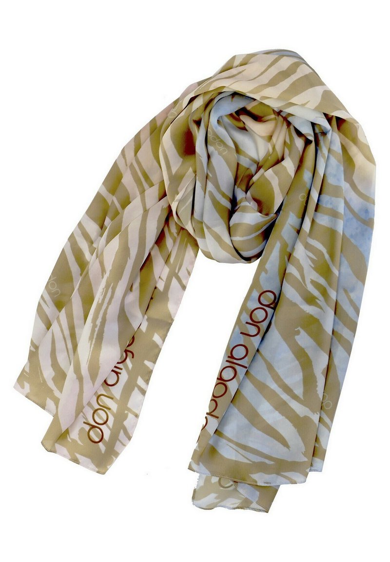 Bufanda ligera de color beige con rayas abstractas en blanco y verde oliva. Textura suave, se drapea elegantemente e incluye una sutil marca en rojo.
