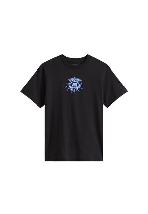 Sort bomulds-t-shirt med et centralt blåt Vans-logo med solstråle-design. Korte ærmer og rund hals. Blød tekstur.