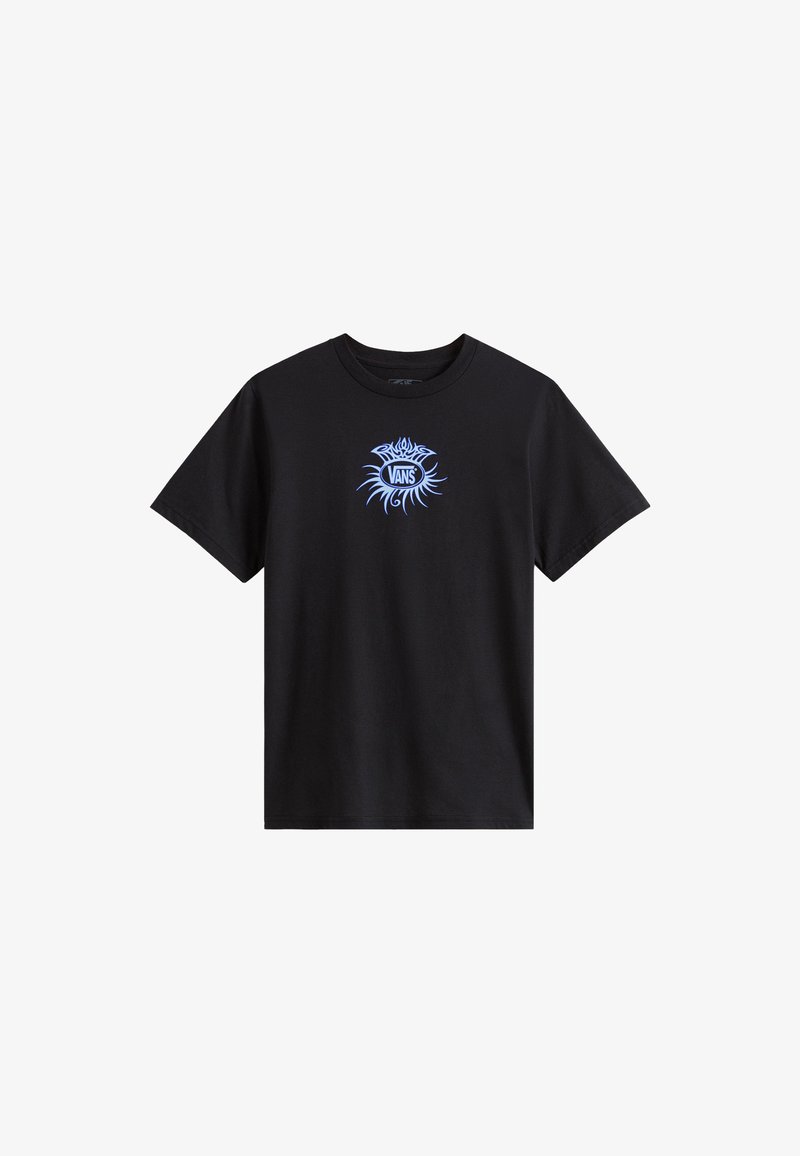 T-shirt en coton noir avec un logo Vans bleu central au design de rayons de soleil. Manches courtes et col rond. Texture douce.