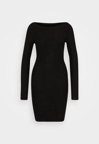 Black long-sleeve dress with a fitted shape, boat neckline, and smooth texture, designed for a sleek silhouette. No patterns or hardware visible.
