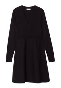 Schwarzes Strickkleid mit V-Ausschnitt, langen Ärmeln, tailliertem Oberteil und einem plissierten Rock mit vertikalen Linien. Strukturierter Stoff.