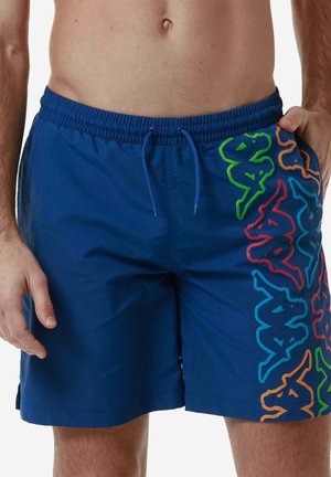 Costumi da bagno blu con cintura elastica e cordoncino. Presentano motivi grafici colorati in verde neon, rosa e blu sui lati.