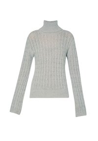 Maglione a collo alto grigio chiaro con motivo a maglia testurizzata, maniche lunghe e orlo aderente. Tessuto morbido con colletto e polsini a costine.