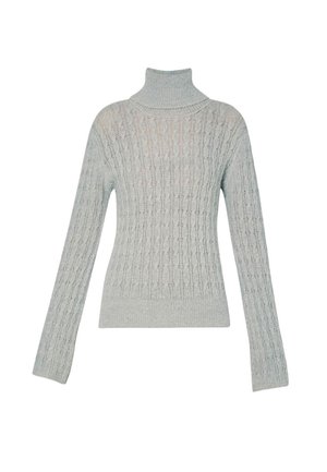 Maglione a collo alto grigio chiaro con motivo a maglia testurizzata, maniche lunghe e orlo aderente. Tessuto morbido con colletto e polsini a costine.