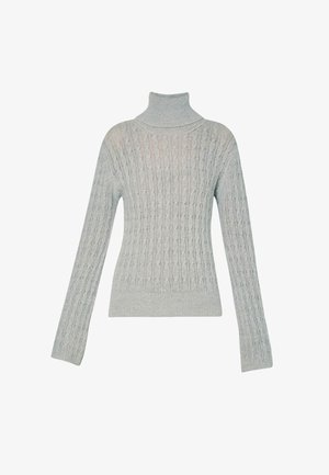 Maglione a collo alto grigio chiaro con motivo a maglia testurizzata, maniche lunghe e orlo aderente. Tessuto morbido con colletto e polsini a costine.