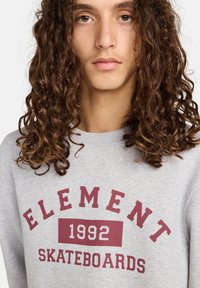 Sudadera gris con "ELEMENT" y "1992 SKATEBOARDS" impresos en color burdeos. Textura suave con escote redondo y puños acanalados.