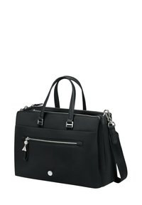 Black handbag made of smooth material, featuring dual handles, a detachable strap, a front zip pocket, and silver hardware accents.