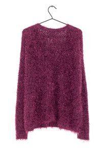 Luddig, stickad tröja i djup burgund, med en avslappnad passform, bred halsringning och en texturerad yta med öppna vävdetaljer.