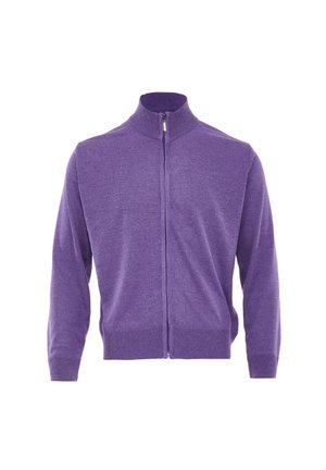 Maglione viola con zip completa, polsini, fascia in vita e collo alto a coste, mostrato su sfondo bianco.