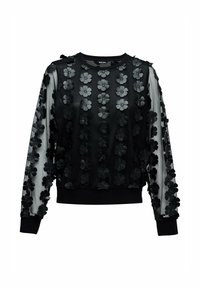 Sweatshirt noir avec des manches longues transparentes ornées d'appliqués floraux noirs. Poignets et ourlet côtelés, col rond, coupe décontractée.