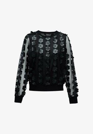 Sudadera negra con mangas largas transparentes adornadas con aplicaciones florales negras. Puños y dobladillo acanalados, escote redondo, corte relajado.