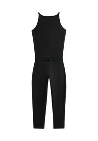 Combinaison noire sans manches avec ceinture cintrée à la taille et pantalon droit, en tissu lisse et avec un col montant.