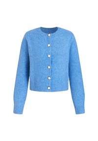 Blauwe gebreide cardigan met lange mouwen, geribde manchetten en zoom, en zes vierkante witte knopen aan de voorkant.