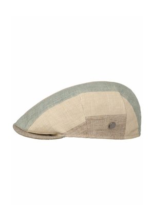 Flat patchwork cap in beige and light green fabric with a small round metal button on the side.