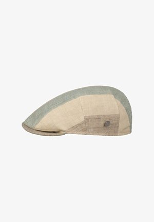 Flat patchwork cap in beige and light green fabric with a small round metal button on the side.