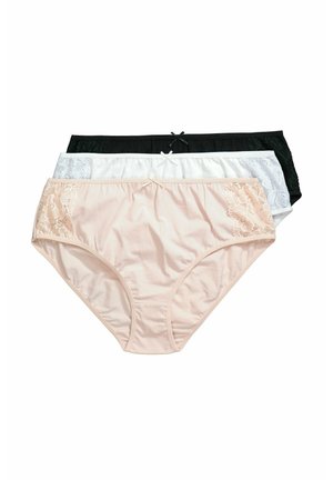Tres braguitas de mujer en negro, blanco y rosa empolvado, cada una con paneles laterales de encaje y un pequeño lazo en la cintura.