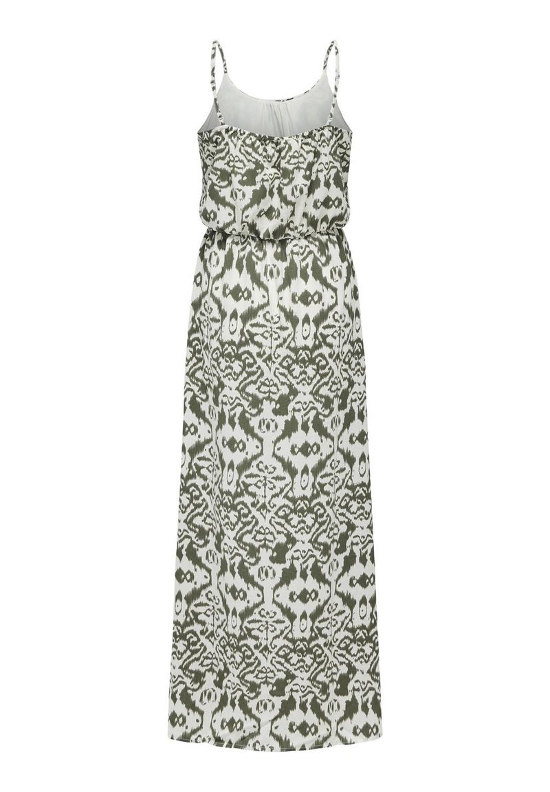 Robe maxi sans manches avec un corsage froncé en motif abstrait vert et blanc. Tissu léger et fluide avec des bretelles ajustables.