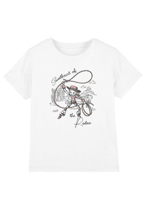 Weißes T-Shirt mit Cartoon-Cowgirl, das ein Lasso schwingt, mit Hut und Stiefeln, Kaktus- und Berg-Hintergrund, Text „Sweetheart of the Rodeo“.