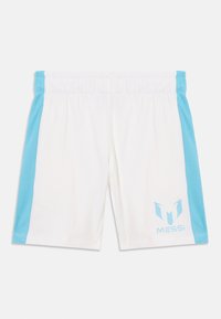Bílé sportovní šortky s elastickým pasem. Světle modré boční panely a logo. Vyrobené z prodyšného materiálu, s hladkou texturou.