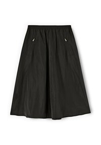 Falda negra con un diseño suelto, cintura elástica recogida y dos bolsillos con cremallera. Textura suave, hasta la rodilla y material ligero.