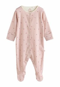 Rosa rutigt babybody med körsbärstryck, långa ärmar, tryckknappar och fotsydd design. Mjukt bomullsmaterial med ribbat krage.