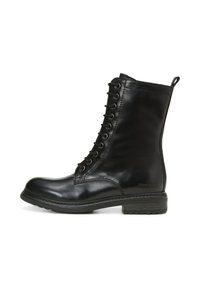 Black leather ankle boot with a round toe, lace-up front, and a textured side. Features a sturdy sole and a back pull tab.