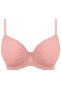 Roze gewatteerde beha met een chevronpatroon, verstelbare bandjes en een gladde afwerking. Eenvoudig ontwerp met een centraal naaddetail.