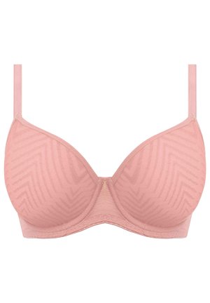 Roze gewatteerde beha met een chevronpatroon, verstelbare bandjes en een gladde afwerking. Eenvoudig ontwerp met een centraal naaddetail.