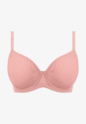 Rosa gepolsterter BH mit Zickzackmuster, verstellbaren Trägern und glatter Oberfläche. Einfaches Design mit einer zentralen Nahtdetails.