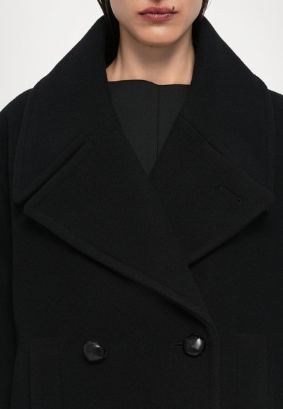 Black wool coat with a wide collar, double-breasted design, and large black buttons. Smooth texture with a tailored silhouette.