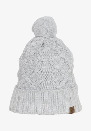 Hallhalli halljas beanie, millel on tekstureeritud nöörmustrit ja karvane pom-pom peal. Omab soonikübarat ja väikest bränditud sildi.