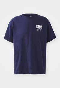Navy blue cotton T-shirt with short sleeves, round neckline, and a printed white design on the front featuring "1894" and "House of Superbia."