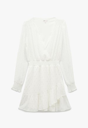 Vestido blanco con mangas largas, escote en V profundo, cintura fruncida, dobladillo con volantes y un delicado patrón texturizado en toda la prenda. Tela ligera y fluida.