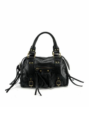 Sac à main en cuir noir avec double anses, poche avant zippée, détails de boucles et pompons décoratifs sur les côtés, présenté sur fond blanc.