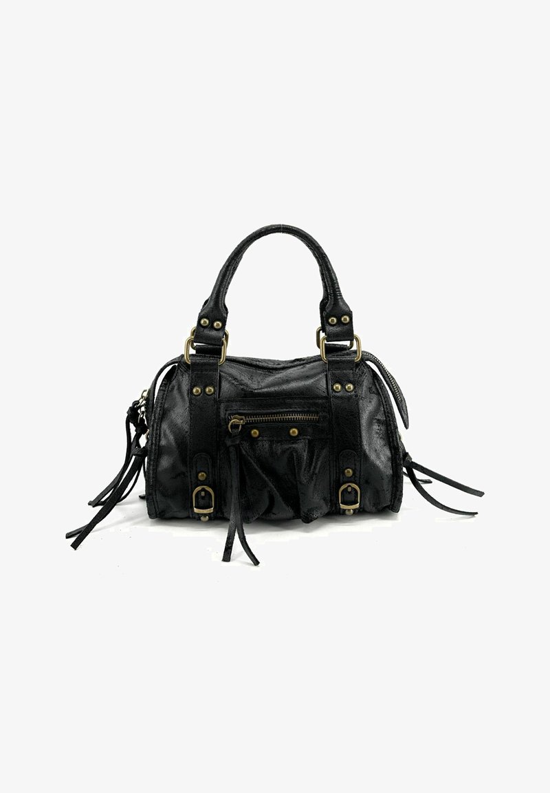 Sac à main en cuir noir avec double anses, poche avant zippée, détails de boucles et pompons décoratifs sur les côtés, présenté sur fond blanc.