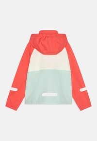 Hooded jacket with a coral upper section, cream midsection, and mint green lower section. Features elastic cuffs and reflective accents.