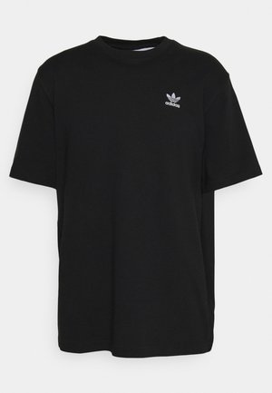 Schwarzes Baumwoll-T-Shirt mit kurzen Ärmeln, Rundhalsausschnitt und kleinem weißen Adidas-Logo auf der Brust. Einfaches, einfarbiges Design ohne Muster.