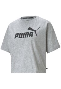 Harmaa lyhythihainen trikootoppi, jossa on musta "PUMA"-logo ja hyppivä puma-silhuetti edessä.