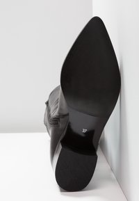 Zapato de tacón alto de cuero negro con punta afilada. Presenta una suela texturizada y una altura de tacón de aproximadamente 8 cm. Talla marcada como 37.