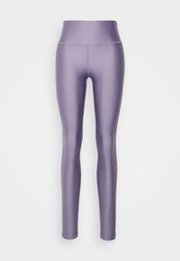 High-waisted leggings in a smooth, shiny lavender fabric. Features a form-fitting design with flat seams and no visible hardware.