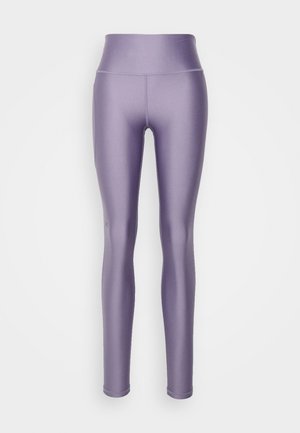 High-waisted leggings in a smooth, shiny lavender fabric. Features a form-fitting design with flat seams and no visible hardware.