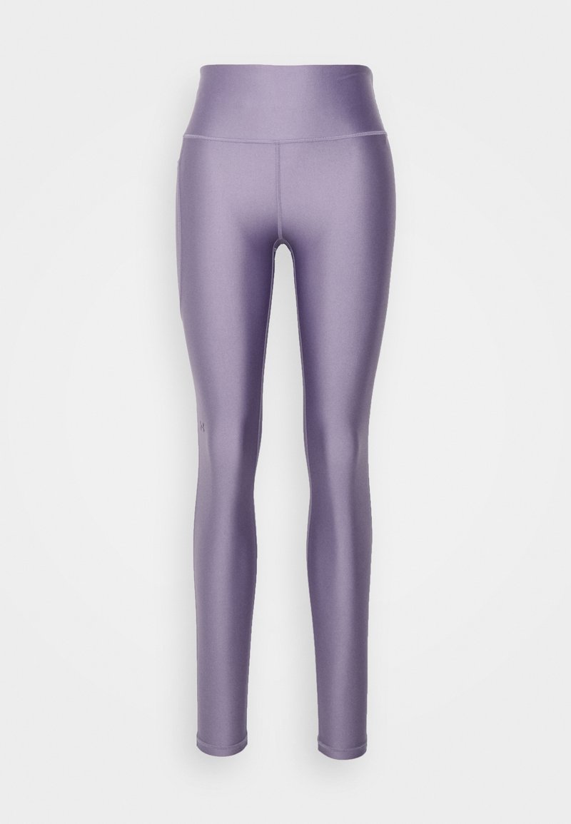 High-waisted leggings in a smooth, shiny lavender fabric. Features a form-fitting design with flat seams and no visible hardware.