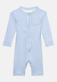 Μωρουδιακό ολόσωμο φορμάκι με μακριά μανίκια, κάθετες ρίγες σε ανοιχτό μπλε και λευκό, φερμουάρ μπροστά, μήκος στα γόνατα και στρογγυλή λαιμόκοψη.