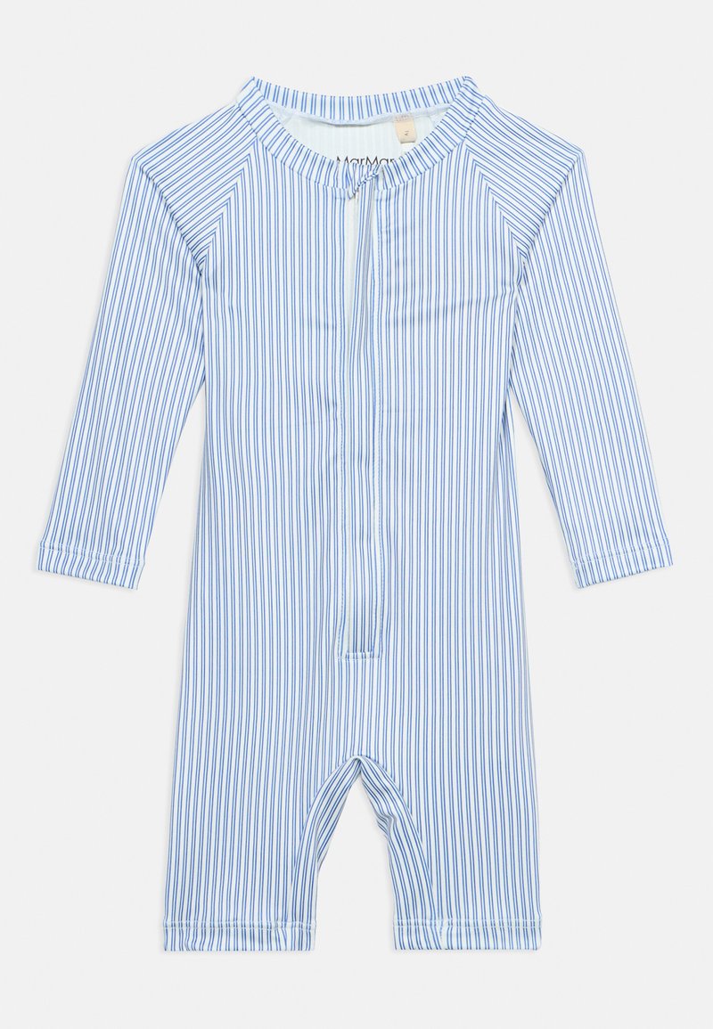 Μωρουδιακό ολόσωμο φορμάκι με μακριά μανίκια, κάθετες ρίγες σε ανοιχτό μπλε και λευκό, φερμουάρ μπροστά, μήκος στα γόνατα και στρογγυλή λαιμόκοψη.