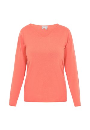 Suéter largo de manga larga en color coral con escote en V. Confeccionado en una tela suave, presenta un corte relajado y costuras limpias. Sin patrones ni acentos adicionales.