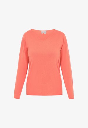 Korall színű, hosszú ujjú pulóver V-nyakkal. Puha anyagból készült, laza illeszkedéssel és tiszta varrásokkal. Minták vagy további díszítések nélkül.