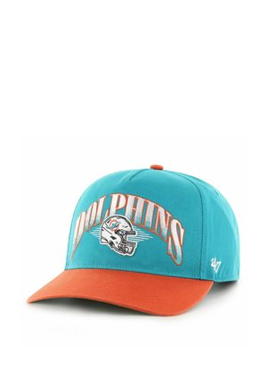 Türkis-orange Mütze mit dem Schriftzug „DOLPHINS“ und einem Footballhelm-Logo, mit einem Delfin und der Nummer 47 an der Seite.